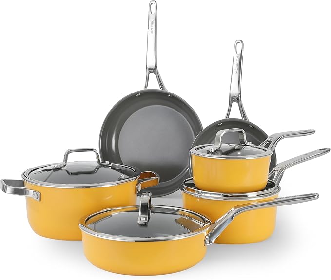 10-Piece Ceramic Nonstick Cookware Set with Lids - PFAS/PTFE/PFOA-Free, Interior & Exterior Ceramic Coating -Easy to Clean- Kitchen Storage-All Stovetop Compatible & Oven-Safe up to 480°F
