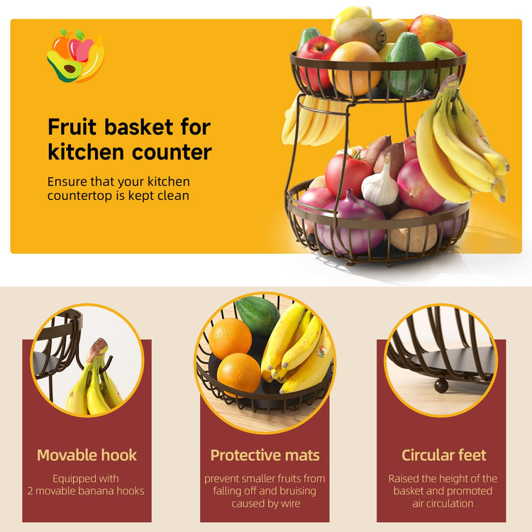 2 Tier Fruit Bowl for Kitchen Counter with Banana Hangers