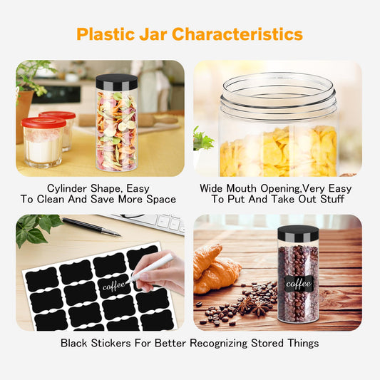 Plastic Jars with Lids 16OZ 16PCS Small Empty Slime Cosmetics Containers Clear Gift Food Jars Round PET Cream Jars with Black Lids Pen Labels for Kitchen Storage Spices Dry Food Butter (16 Count)