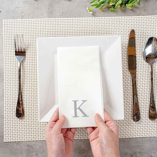 Luxenap 15.8 X 7.9 Inch Linen-Feel Guest Towels, 2000 Lettered Hand Towels - Silver Letter 'K', Sans Serif Font, White Paper Dinner Napkins, airlaid, For Restrooms And Tables - Restaurantware