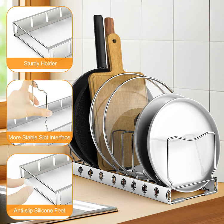 2 Pack 10 Tier Pan Organizer Adjustable Lid Organizer Kitchen Organizers and Pan Organizer and Storage Pot Heavy Duty Pot Lid Organizer for Kitchen Under Sink Storage Drawer (2 Count)