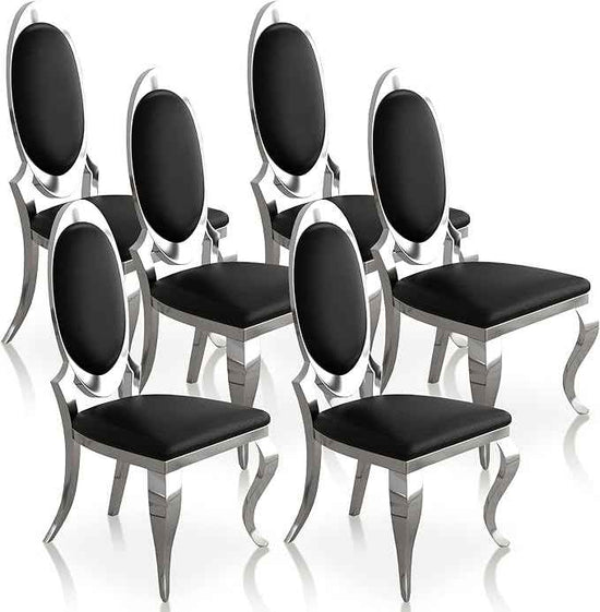 Modern Dining Chairs Set of 6, Luxury Faux Leather Upholstered Armless Dining Room Chair with Mirrored Stainless Steel Silver Legs, Mid Century Accent for Wedding Party Banquet Reception, Black