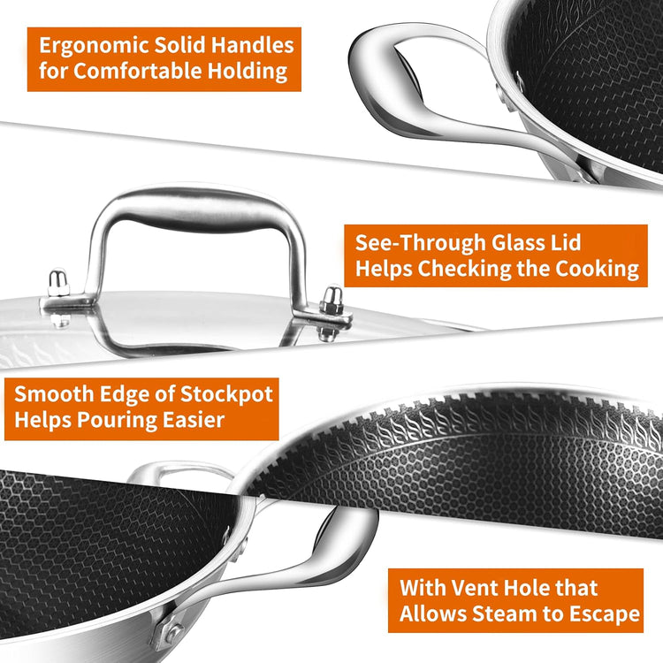DELARLO Tri-Ply Stainless Steel Wok 13in Nonstick Deep Wok Pan with Lid,Stir-Fry Pans,5.5QT Cooking Pot induction Large woks,Compatible with All Cooktops Up to 550°F(Double Handle)
