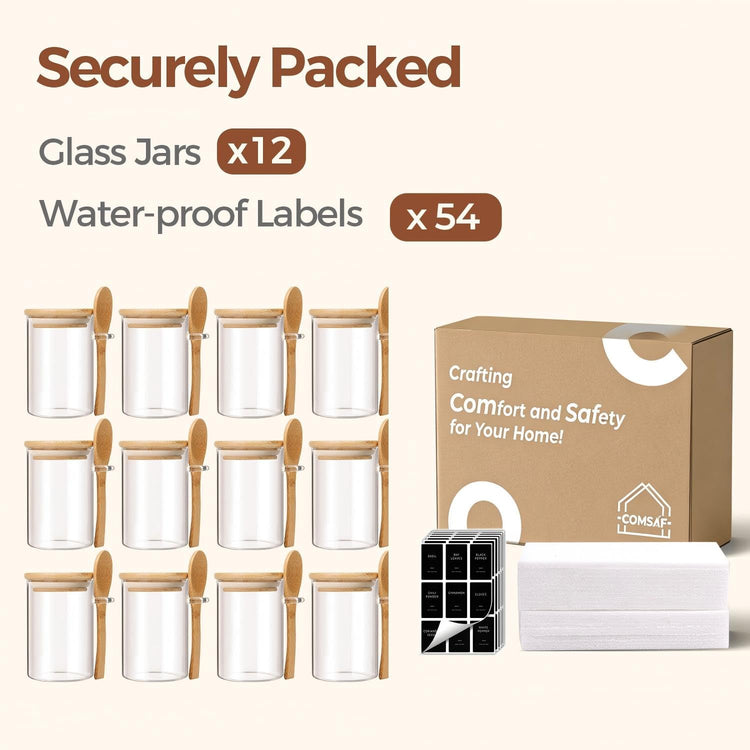Glass Spice Jars with Spoons 8 oz 12 Pack Round with Labels (12 Count)