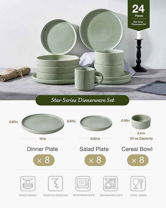 Famiware Star Dinnerware Set, Plates and Bowls Sets for 8 (24pcs), Ribbed Stoneware Dishes - Chip & Scratch Resistant, Microwave & Dishwasher Safe, Matte Sage Green