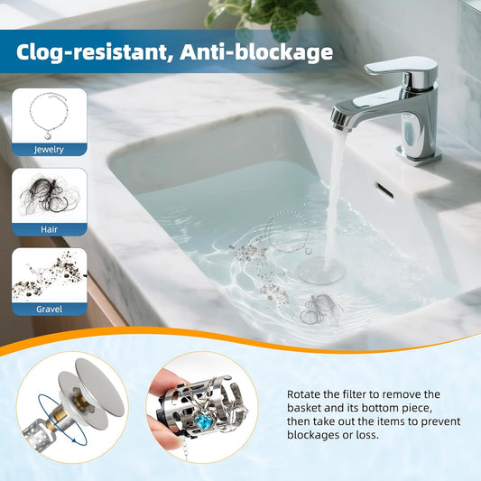 Hibbent 2 Pack Upgraded 3 in 1 Bathroom Sink Drain Strainer, Pop Up Sink Stopper with Big Cap, Anti-Clogging Metal Filter Basket,Sink Plug with Hair Catcher for 1.1''~2.36'' Basin, Brushed Nickel
