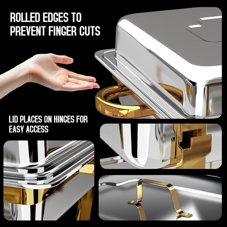Chafing Dishes for Buffet 4 Pack, [Elegant Gold and Silver] Stainless Steel Chafing Dish Buffet Set, 9QT No-Finger Cut Roll Edge Chafers and Buffet Warmers Sets for Party (Gold Full Panx4)