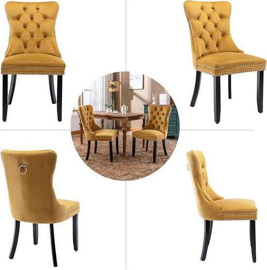 Velvet Dining Chairs Set of 2, Upholstered Dining Room Chairs with Back Ring Pull Trim and Solid Wood Legs,Tufted Wingback Kitchen Chair Perfect for Dining Room,Living Room,Kitchen(Gold)