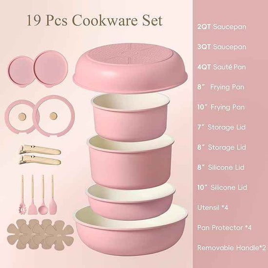 CAROTE Pots and Pans Set, Nonstick Cookware Set Detachable Handle, 19pcs Induction Kitchen Cookware Sets Non Stick with Removable Handle, RV Cookware Set, Oven Safe, Pink