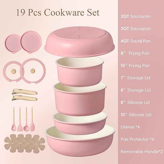 CAROTE Pots and Pans Set, Nonstick Cookware Set Detachable Handle, 19pcs Induction Kitchen Cookware Sets Non Stick with Removable Handle, RV Cookware Set, Oven Safe, Pink