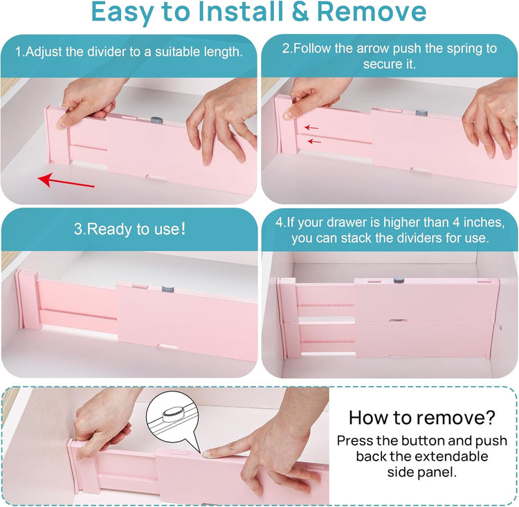 Vtopmart 8 Pack Drawer Dividers for Clothes, 4" High 11.6"-17" Adjustable Expandable Dresser Drawer Organizer, Plastic Separators for Dresser, Baby Clothes, Underwear, Kitchen & Office Storage, Pink