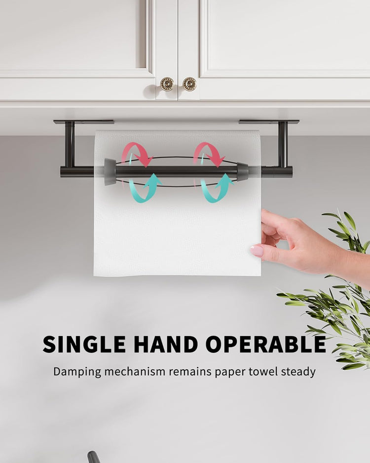 Paper Towel Holder Under Cabinet, Self Adhesive or Wall Mount Matte Black Hanging Paper Towel Holder with Damping Effect, Single Hand Operable, Stainless Steel for Kitchen Bathroom