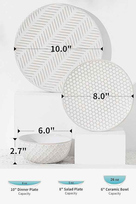 18 Piece Embossed Dinnerware Sets for 6, Scratch-Resistant Plates and Bowls Sets, Microwave & Dishwasher Safe, Elegant Stoneware for Family Gatherings – A Gift for Growing Households