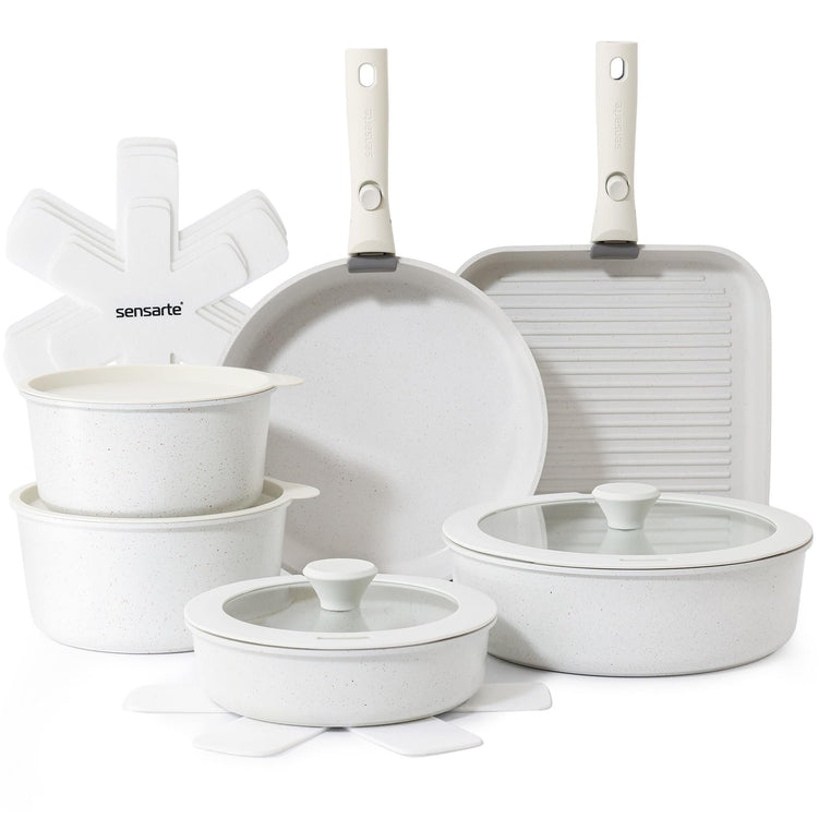 17 Piece Nonstick Detachable Handle Pots and Pans Set White