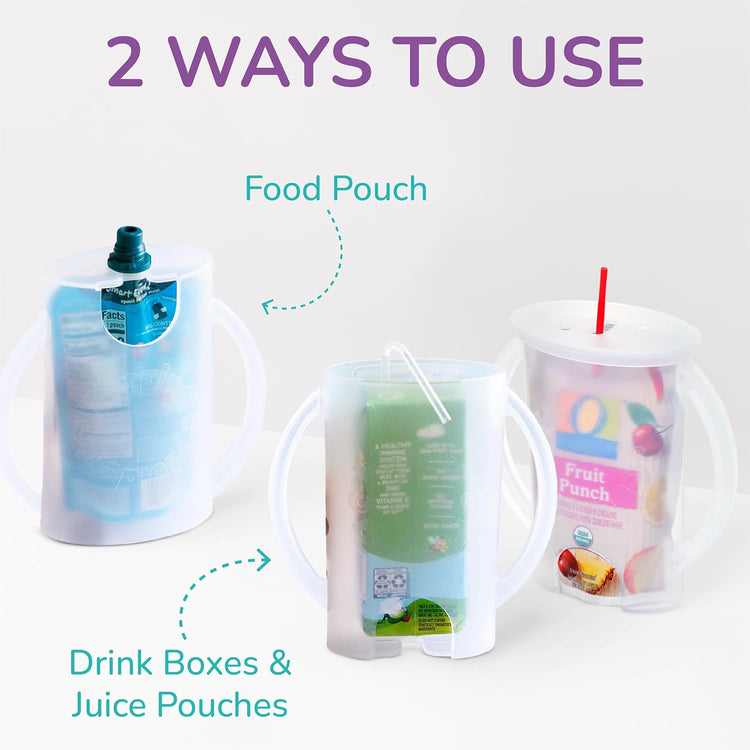 Squeeze Proof Food Pouch Holder for Toddlers, Babies, Kids, Mess Free No Squeeze Juice Box Drink Holder with Easy Grip Handles and Lid - Made in USA (Blue 3 Pack)