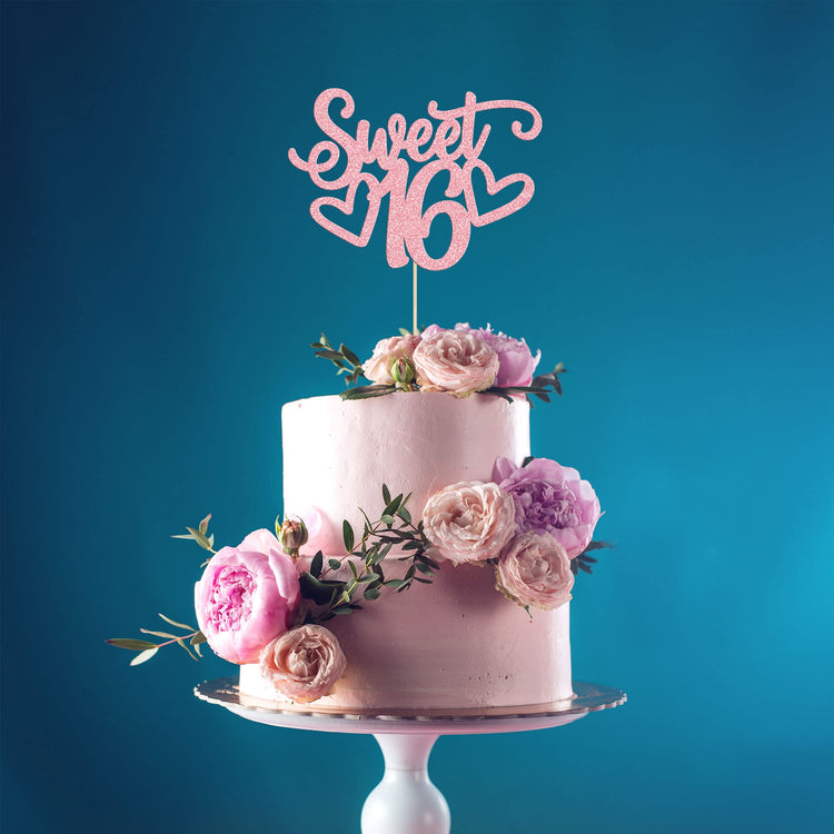 1Pc Sweet Teenager 16 Cake Topper Glitter 16th Birthday Cake Pick for Cheers to 16 Years Old 16th Birthday Party Cake Decorations Supplies Pink