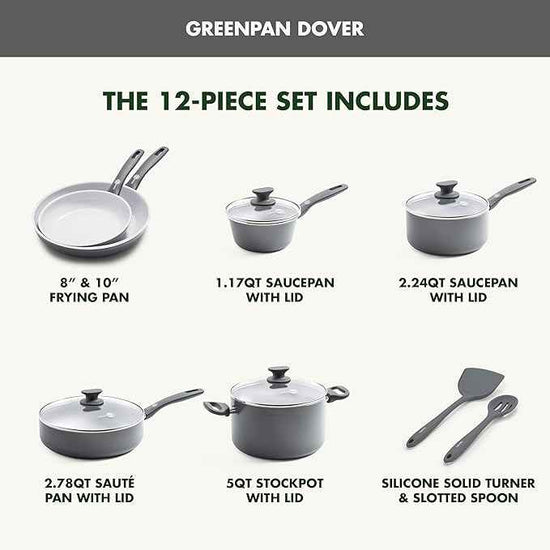 GreenPan Dover Healthy Ceramic Nonstick, 12 Piece Cookware Pots and Pans Set, PFAS-Free, Dishwasher Safe, Comfort Grip Handle, Gray