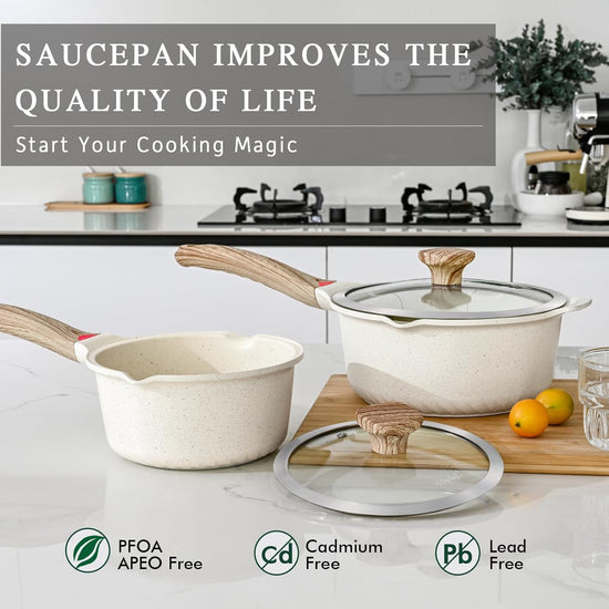 VINCHEF Sauce Pan Set with Lid 10PCS, 3 White Non Stick Cooking Pots Induction pot sets, Saucepan Set with Silicone Tools and Pot Protectors, PFAS and PFOA Free (2QT+3QT+4QT) - Nestoria