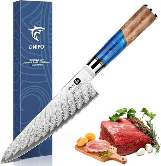 Damascus Chef Knife 8 Inch, Japanese Handcrafted Sharp Kitchen Knife with 67-Layer Damascus Steel & VG10 Core, Blue Resin & Natural Birch Wood Handle, Ideal Gift for You & Your Beloved