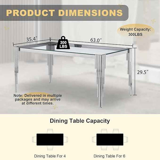 63'' Modern Glass Dining Table for 4-6 People,Tempered Glass Top Dining Room Table with Stainless Steel Base, Glass and Silver Dining Table for 6, Rectangle Dining Kitchen Table for Dinner