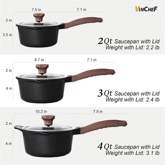 VINCHEF Sauce Pan Set with Lid 10PCS, 2QT+3QT+4QT Non Stick Sauce Pots Cooking Induction Pot set, Silicone Tools and Pot Protectors, PFAS and PFOA Free Black - Nestoria