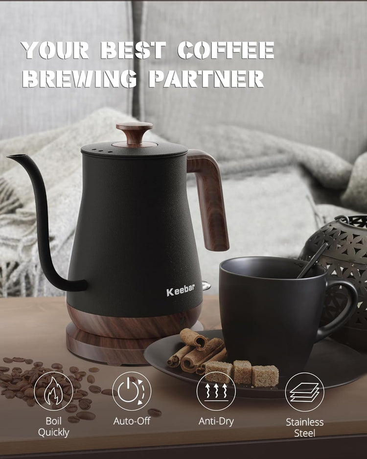 Gooseneck Electric Kettle - Stainless Steel Pour Over with Auto Shut Off, 0.8L Capacity, 1000W Quick Heating, Design with Elegant Handle, Matte Black with Walnut, Manual, (XH-W081-BW)
