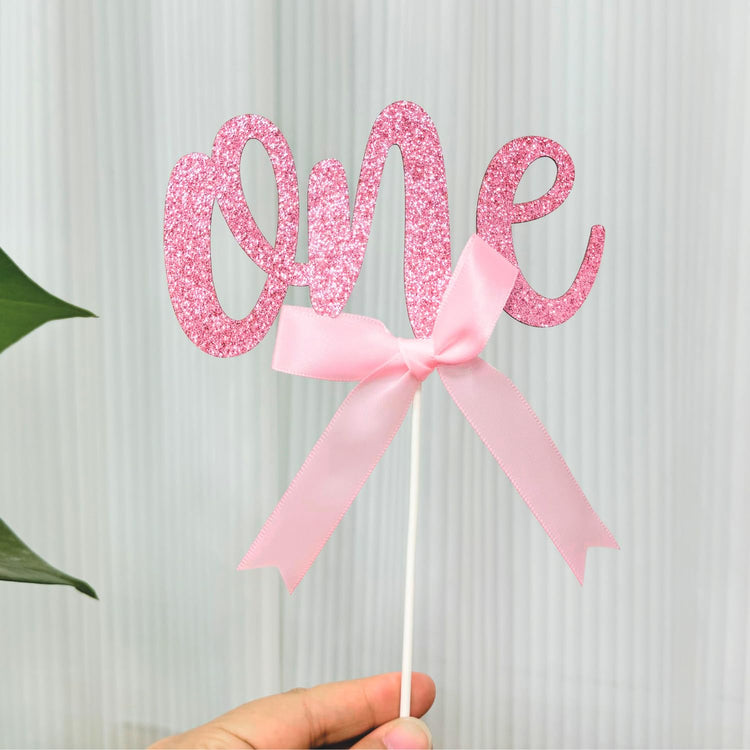 1st Birthday Cake Topper with 8 Pink Bows (17 Count)