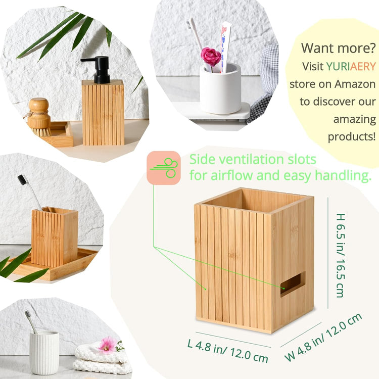 Fluted Bamboo Utensil Holder 6.5 Inch, Natural Kitchen Crock for Countertop, Modern Spoon and Spatula Organizer for Utensil Storage
