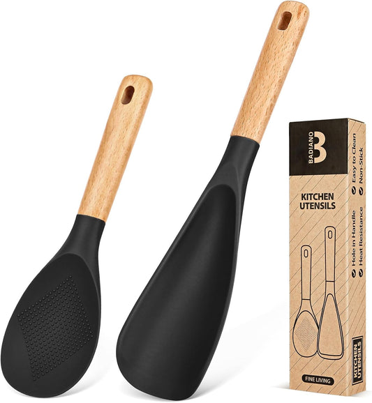 Cooking Spoon and Rice Scooper for Nonstick Cookwares, Great for Cooking and Serving Sturdy BPA-Free Matte Silicone, Wood Handle Spoon for Mixing, Scoop, and Scrape (Black) - Nestoria