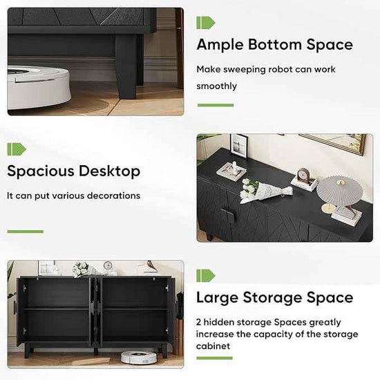 Modern Black 4-Door Sideboard Buffet Cabinet with Geometric Wood Doors | Adjustable Shelves, Large Console Table for Dining Room, Kitchen, and Living Room (55 inches)