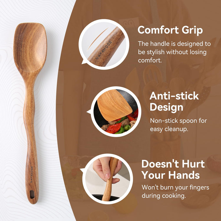 Kitchen 10PCS Teak Wooden Utensils Set With Holder and Spoon Rest (10 Count)