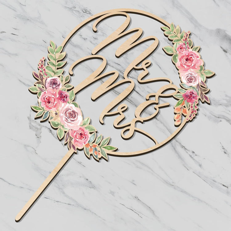 Mr & Mrs Cake Topper Floral Wedding Cake Topper in Wood (Design 01)