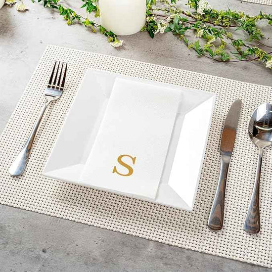Luxenap 15.8 X 7.9 Inch Linen-Feel Guest Towels, 2000 Lettered Hand Towels - Gold Letter 'S', Sans Serif Font, White Paper Dinner Napkins, airlaid, For Restrooms And Tables