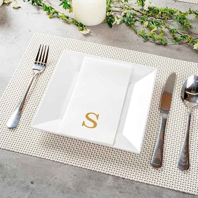 Luxenap 15.8 X 7.9 Inch Linen-Feel Guest Towels, 2000 Lettered Hand Towels - Gold Letter 'S', Sans Serif Font, White Paper Dinner Napkins, airlaid, For Restrooms And Tables