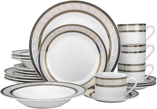 Euro Porcelain 57-pc Banquet Dinnerware Set, Luxury Tableware Dining Service for 8 (Greek Key Dark)