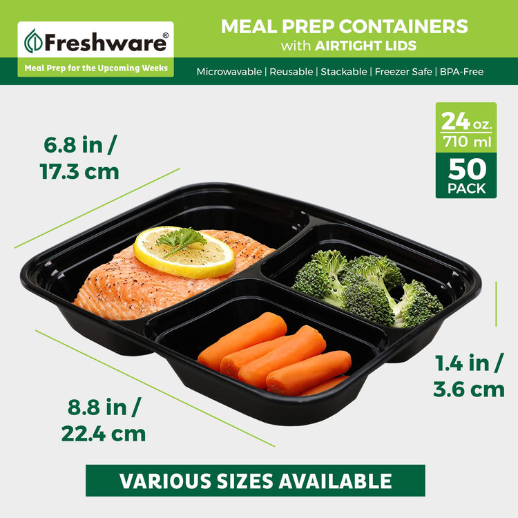 Meal Prep Containers [50 Pack] 3 Compartment Food Storage Containers with Lids (50 Count)