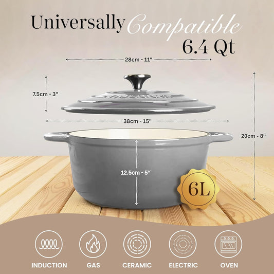 Nuovva Enamelled Cast Iron Dutch Oven Pot with Lid – 6.4 Quart Non Stick Casserole Pot – Heavy Duty & Oven Safe up to 500° F for Bread Baking, Braising, Stews, Roasting – 28cm Grey - Nestoria