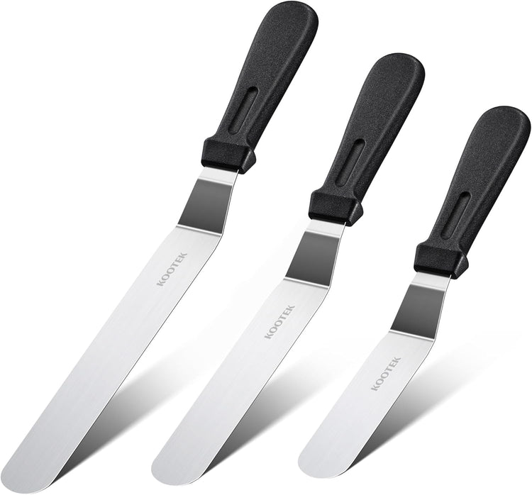 Kootek Angled Icing Spatula Set with 6", 8" & 10" Blade, Stainless Steel Offset Spatula Frosting Smoother Cake Spatulas for Cake Decorating, Baking