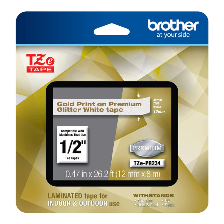 P-Touch TZe-PR234 Gold Print on Premium Glitter White Laminated Tape 12mm (0.47”) Wide x 8m (26.2’) Long, TZEPR234