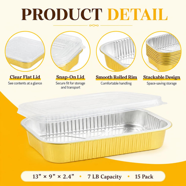 15 Pack Aluminum Pans with Lids Half Size 9x13 Extra Heavy Duty (15 Count)