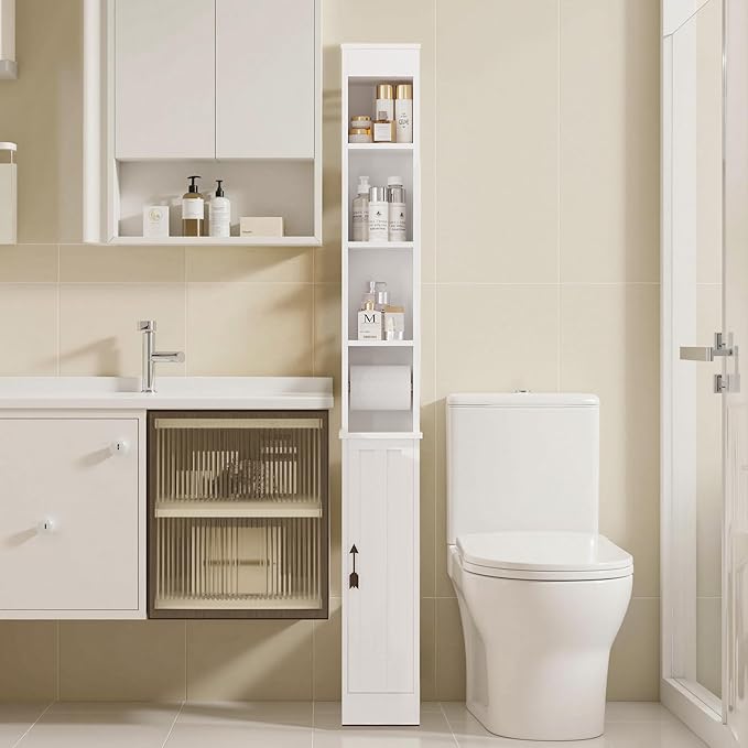 VECELO Storage Cabinet, 71" Tall Narrow Bathroom Cabinet with Adjustable Shelves, Toilet Paper Holder, Magnetic Door, for Small Spaces, Pearl White
