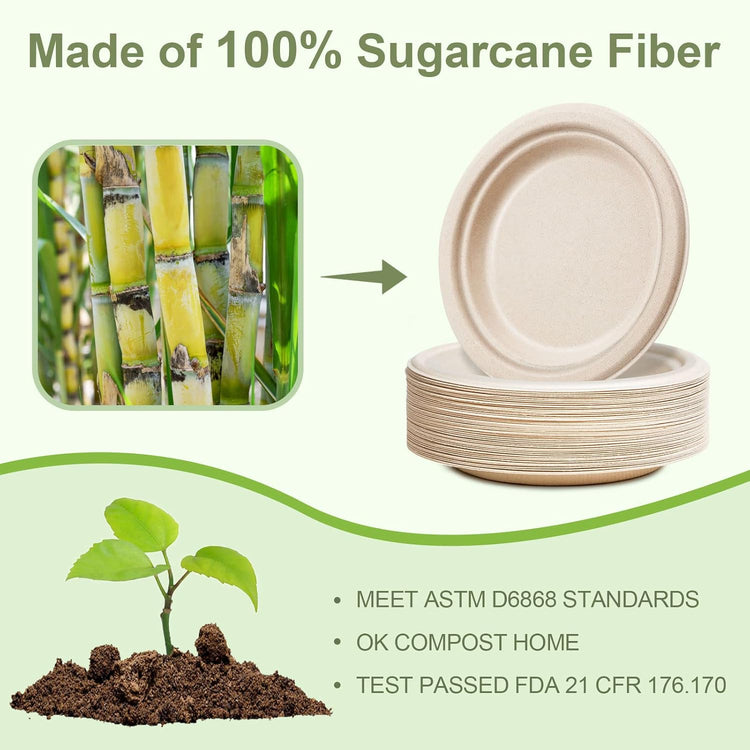 Paper Plates 9 inch, 50 Pack Eco Friendly Recycled Paper Plates, 100% Compostable Plates Disposable, Sturdy Paper Plates Dinner Size, Brown Paper Plates