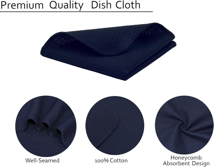 PurpleEssences Dish Cloths and Dish Rags - 6 Pack Waffle Weave Solid Kitchen Dish Wash Cloths, 100% Cotton, 12 x 12 Inches, Ultra Soft Absorbent Quick Drying - Navy Blue - Nestoria