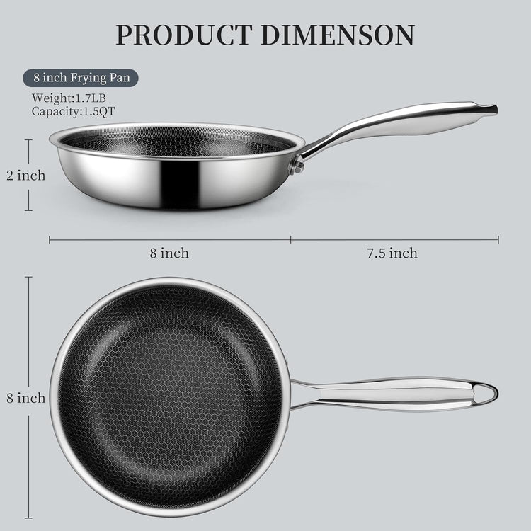 Stainless Steel Frying Pan 8 Inch Nonstick Honeycomb Coatings Skillet for Eggs & Omelettes-Non Toxic Healthy Kitchen Cooking Pan Compatible with All Cooktops