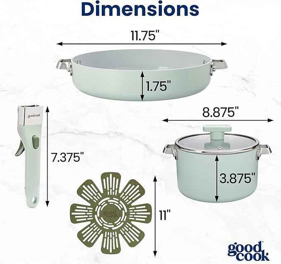 GoodCook Ceramic Cookware Set 5-Piece with Removable Handle, Induction Compatible, Nonstick and Oven Safe with 9.5-Inch Frypan, Sage Green