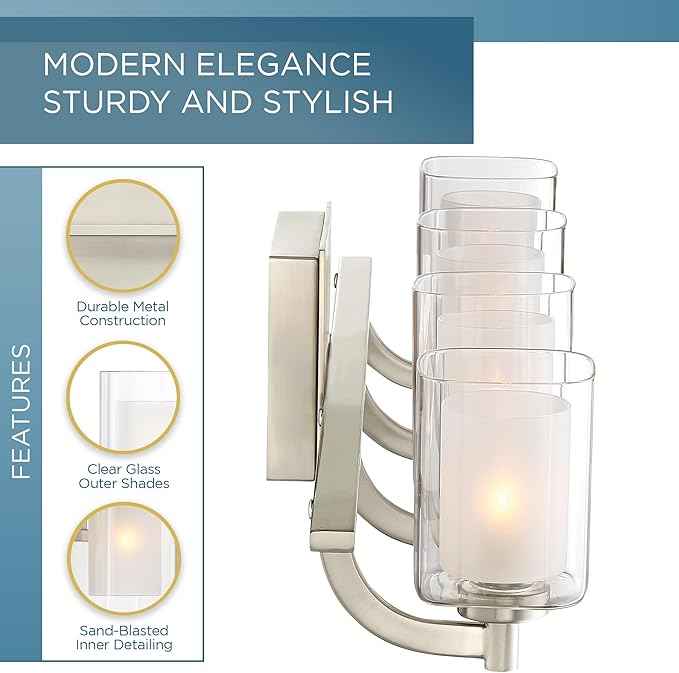 Quoizel Kolt Modern Vanity Lights, 4-Light, 29 Inch Brushed Nickel Bathroom Lighting Fixtures Over Mirror, Sandblasted Inner Glass, 50 W LED Bulb, Wall Mount Light for Bathrooms, Kitchen or Hallway
