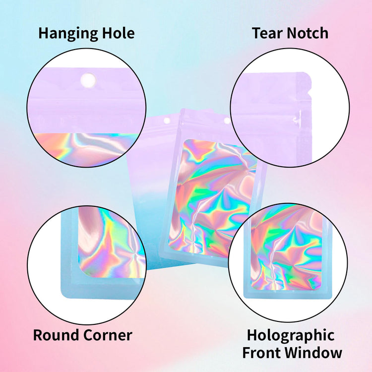 200 Pack Resealable Mylar Holographic Bags Food Storage Smell Proof Bags with Front Window Foil Packaging Pouch for Candy Sample Jewelry Small Business 4.13×5.91 Inch (200 Count)