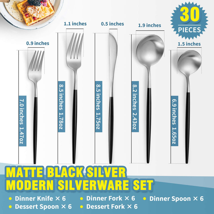 Matte Black Silver Silverware Set for 6 (30 Count)