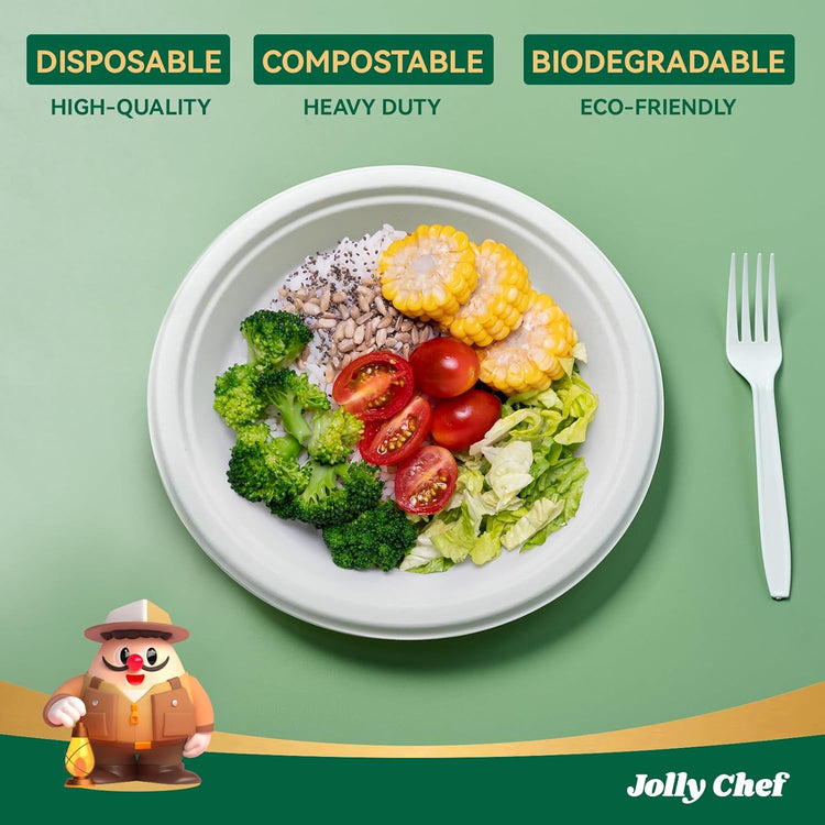JOLLY CHEF Compostable Heavy Duty Plates 9 Inch [150 Pack] Eco-Friendly Disposable Natural Paper Plates Bagasse Biodegradable Bulk for Party Dinner Sugarcane Fibers Round 150 Count(White)