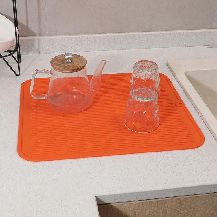 Silicone Dish Drying Mat for Multiple Usage,Easy clean,Eco-friendly,Heat-resistant Silicone Mat for Kitchen Counter or Sink,Refrigerator or Drawer Liner Orange 2XL 24 inches x 18 inches